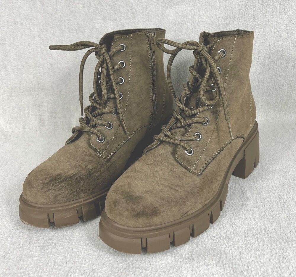 MIA Terrie Lace Up Combat Boot Olive Green Women’s 7.5 Chunky Heel Ankle Boot